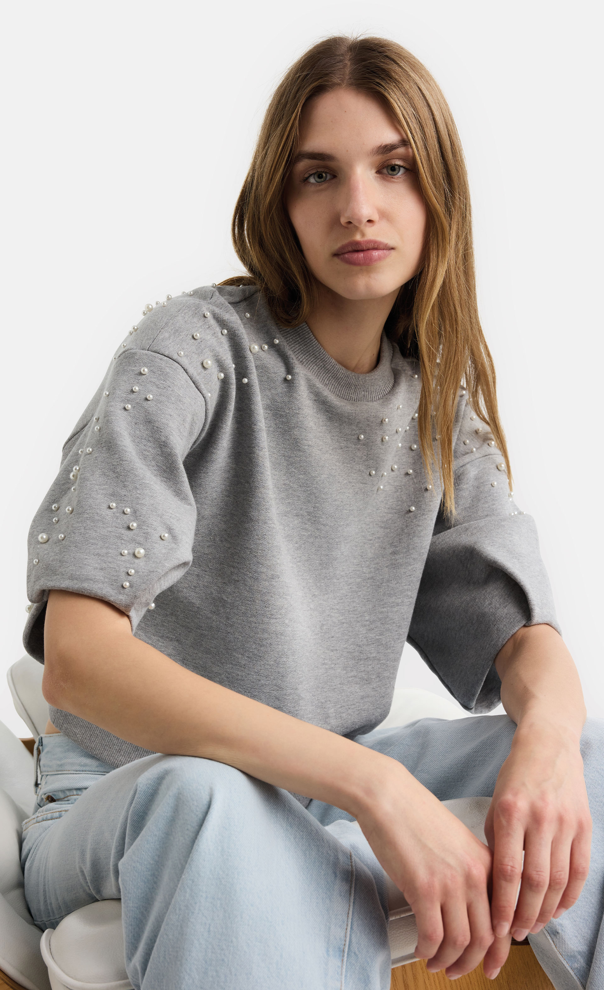 Calarie - Halbarm Sweatshirt mit Perlen-Applikaton