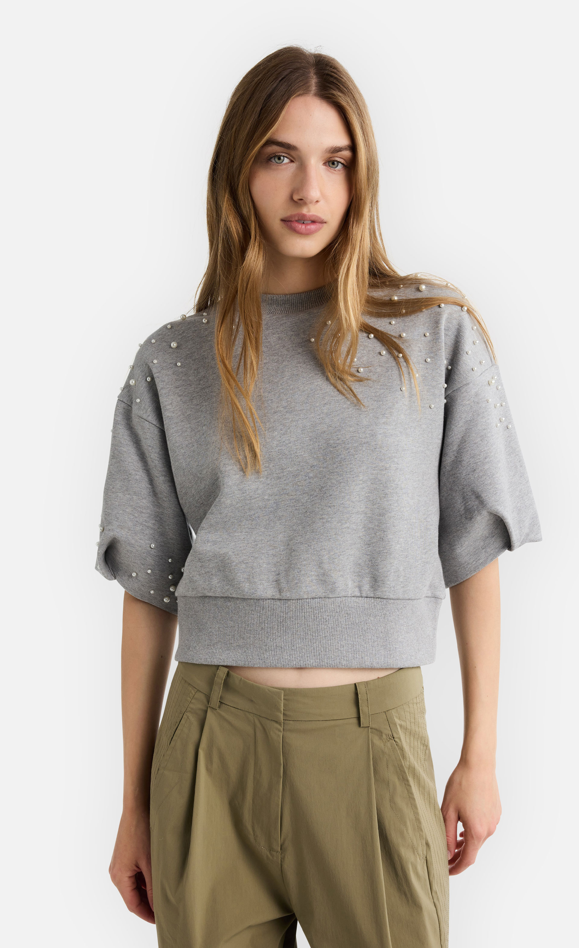 Calarie - Halbarm Sweatshirt mit Perlen-Applikaton