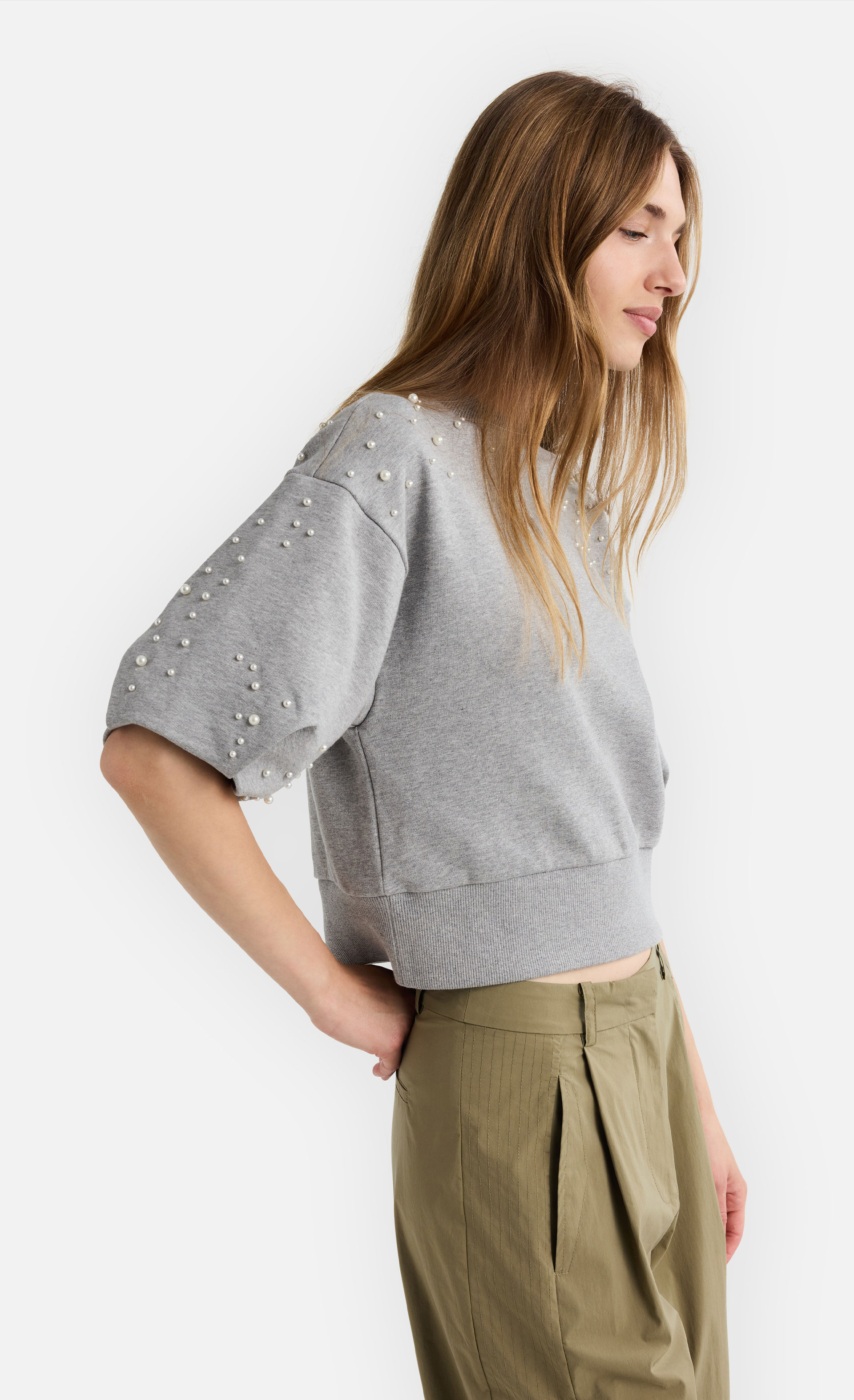 Calarie - Halbarm Sweatshirt mit Perlen-Applikaton